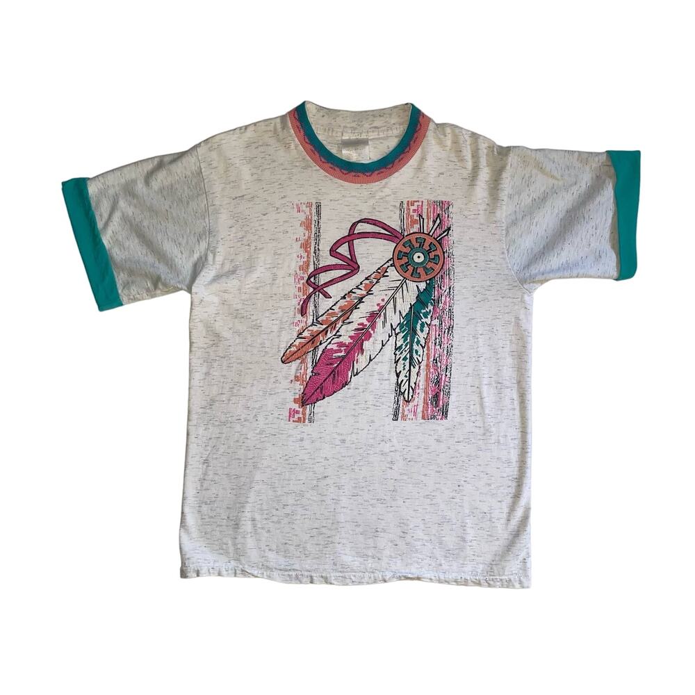Vintage 80s 90s Hazelwoods Southwest Feather Dreamcatcher Ringer T-shirt
